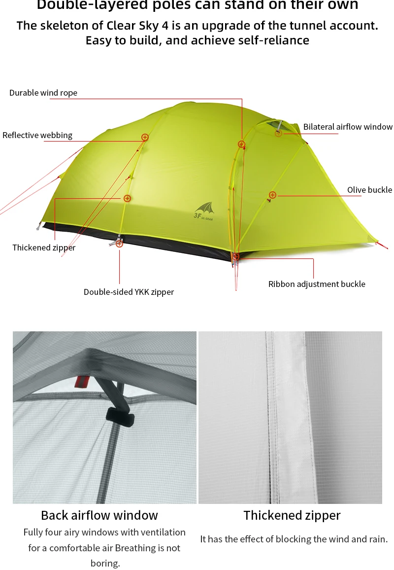 3F UL GETRIEBE Qingkong 4 Person 4 Saison 15D Camping Zelt Im Freien Ultraleicht Wandern Rucksack Jagd Wasserdichte Zelte – Detail 3