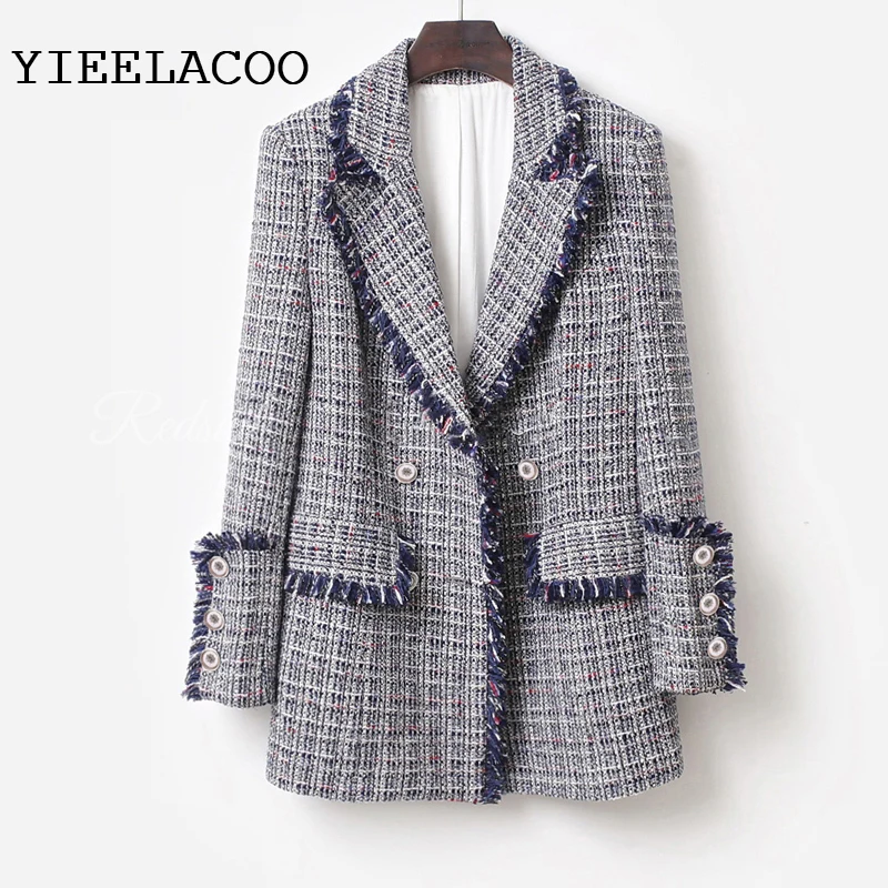 

Blue-gray tweed plaid jacket spring / autumn women's coat jacket ladies suit small fragrant wind jacket