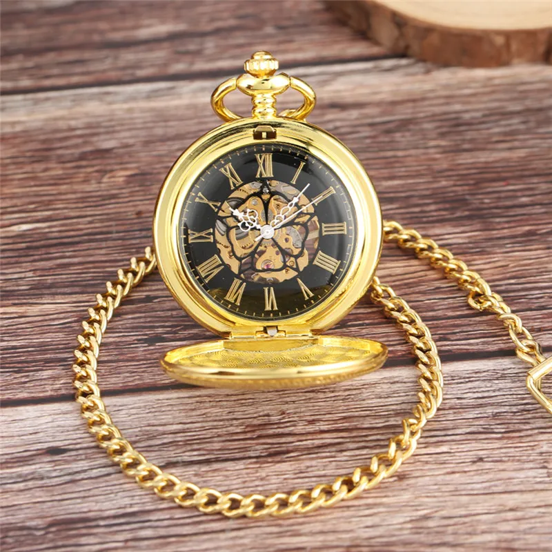 Antique Yellow Gold Shield Design Clock Skeleton Dial Mechanical Hand Winding Pocket Watch for Men Women Gift FOB Chain