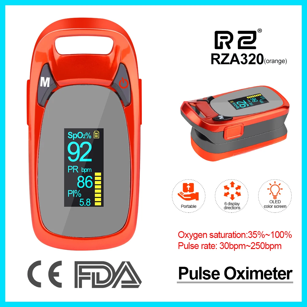 

RZ New Design Fingertip Pulse Oximeter Rate Blood Pressure Health Care CE FDA OLED display Oxygen Alarm setting A320-Orange