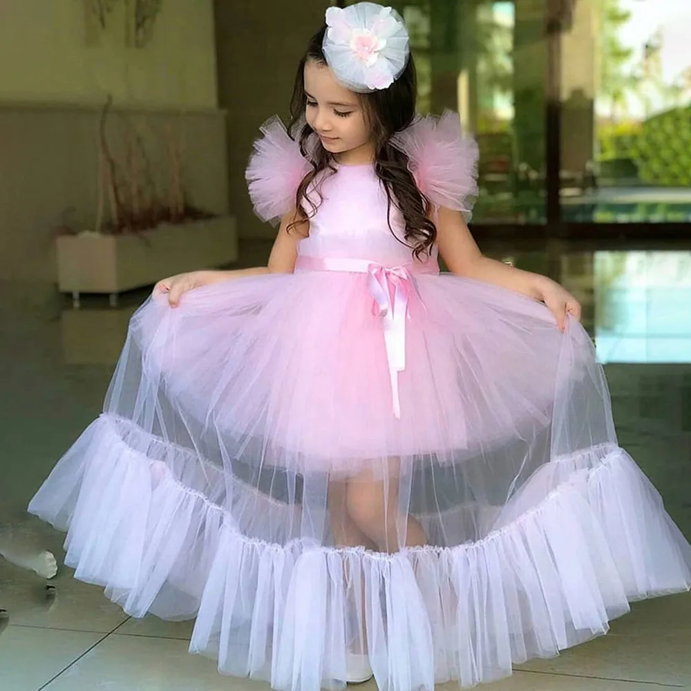 ลูกไม้สีชมพูดอกไม้สาว Sequined Ball Tulle เจ้าสาวเล็กๆน้อยๆชุดเดรส Communion ประกวดชุด