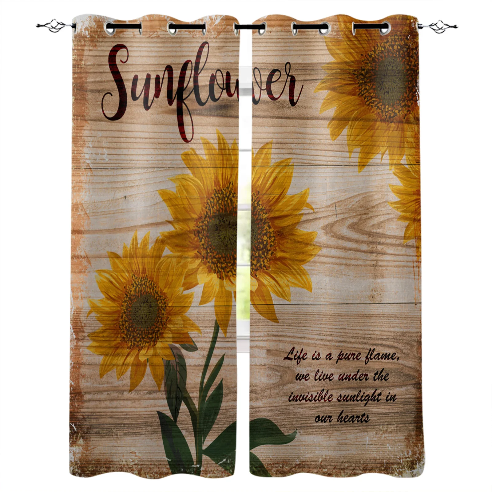 

Farm Retro Sunflower Wood Grain Living Room Curtains Floral Design Curtain for Kids Bedroom Window Treatment Drapes