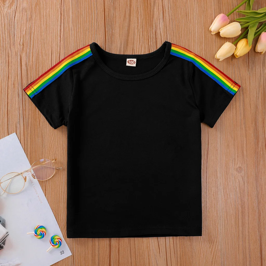 

2023 Summer Children Casual Cotton Short Sleeve Rainbow Black Fashion Baby Girl Or Boys T-shirt 1-8T