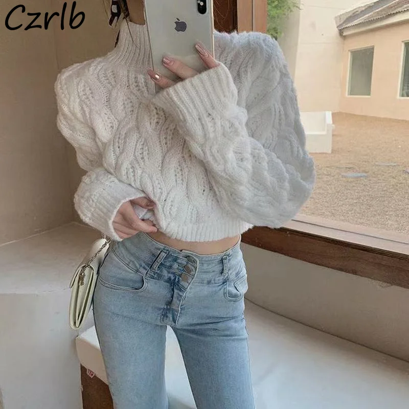 Pullovers Women Vintage Mock Neck Daily Solid All-match Long Sleeve Lovely Autumn Ladies Sweaters Classy Preppy Style Cropped