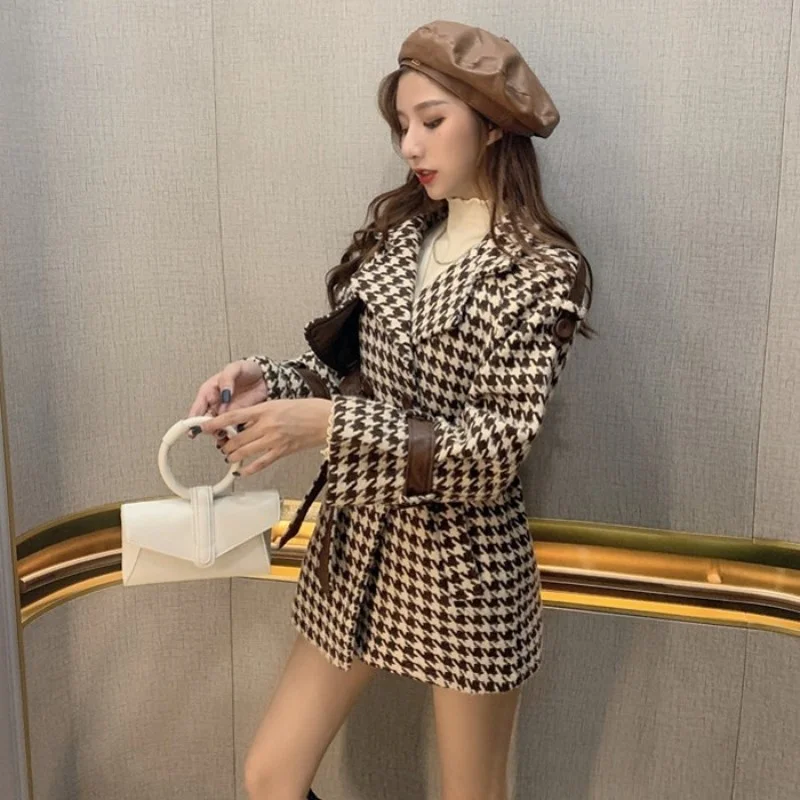 

Wool Elegant Coat Women Streetwear Slim Adjustable Waist Long Sleeve Outerwear Autumn Winter Plaid High Waist Office Lady Coat