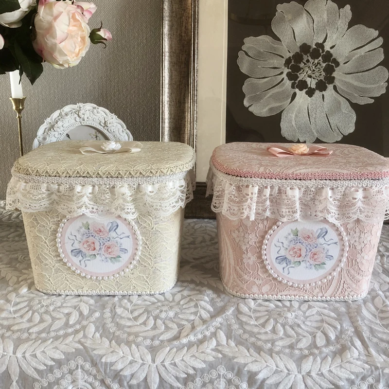 

Korean Lace Storage Box French Retro Handmade Embroidery Pearl Cosmetics Storager With Lid Dust-Proof Desktop Organizer Decor