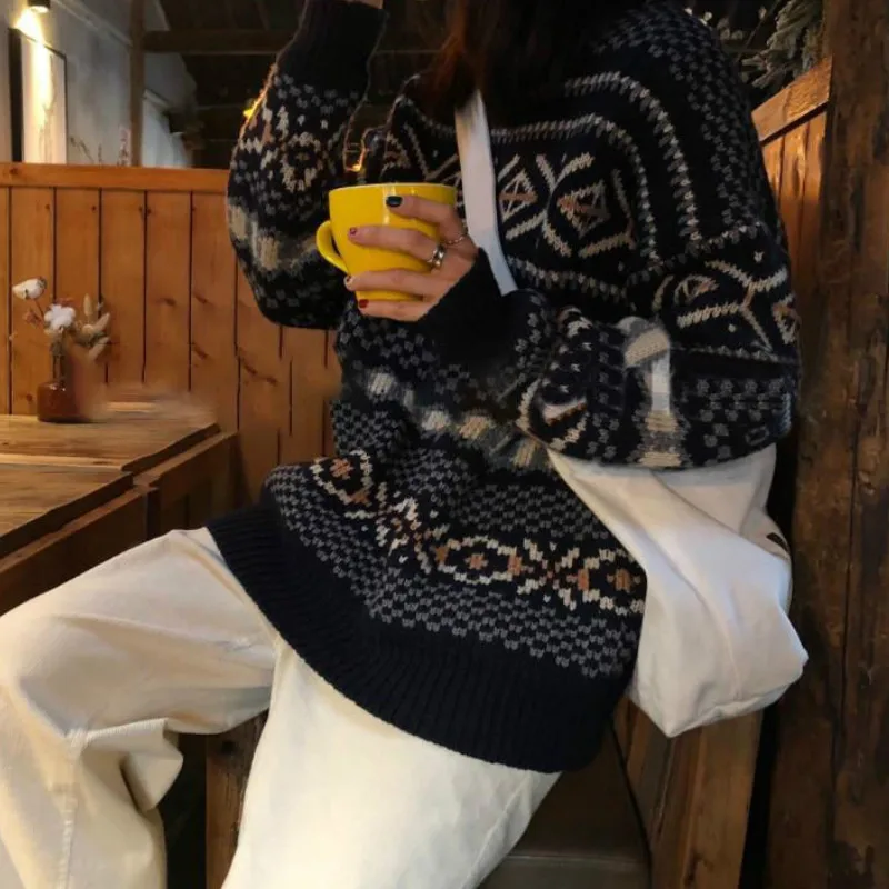 Sweaters Women Jacquard Knitted Casual Lady Pullover Sweater Female Autumn-winter Retro Jumper Loose All-match Harajuku Korean