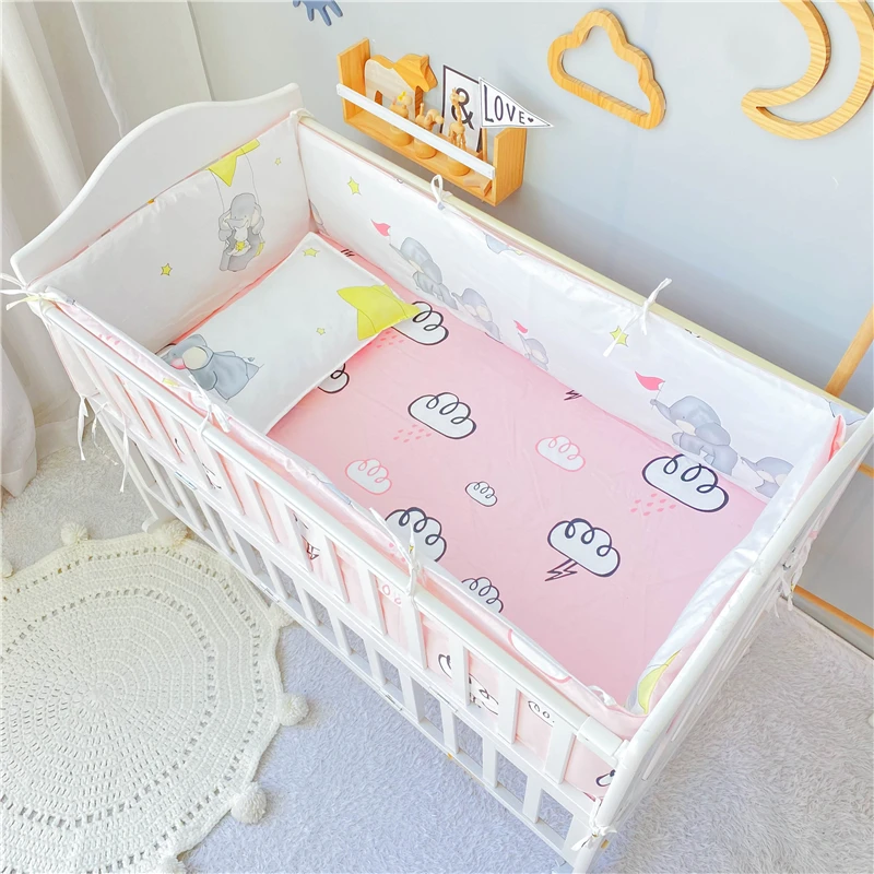 6Pcs Baby Bedding Set Cotton Cartoon Crib Bed Protector Bumper Cushion Newborns Cot Sheet Duvet Cover Pillowcase Washable Bed Se