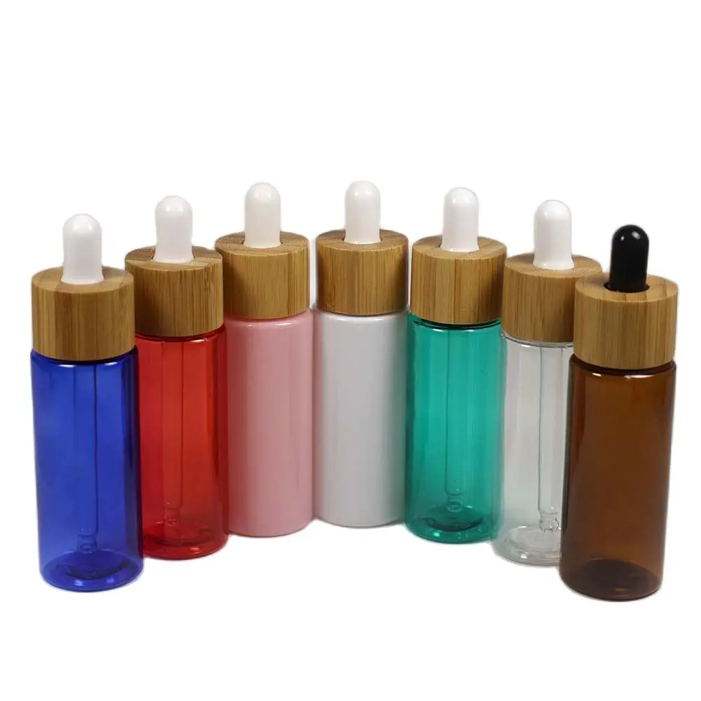 

50ml 50pcs Wood Grain Bamboo Cover Dropper Bottle PET Plastic Transparent Cosmetic Essence Emulsion Container Packaging