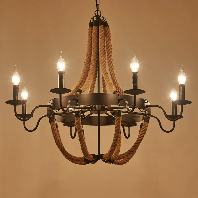 Schwarzer Vintage Loft Industrial Personality Kronleuchter Hanfseil Lampenkabel Bar Kaffee Schmiedeeisen Kronleuchter Lampen und Laternen – Detail 5