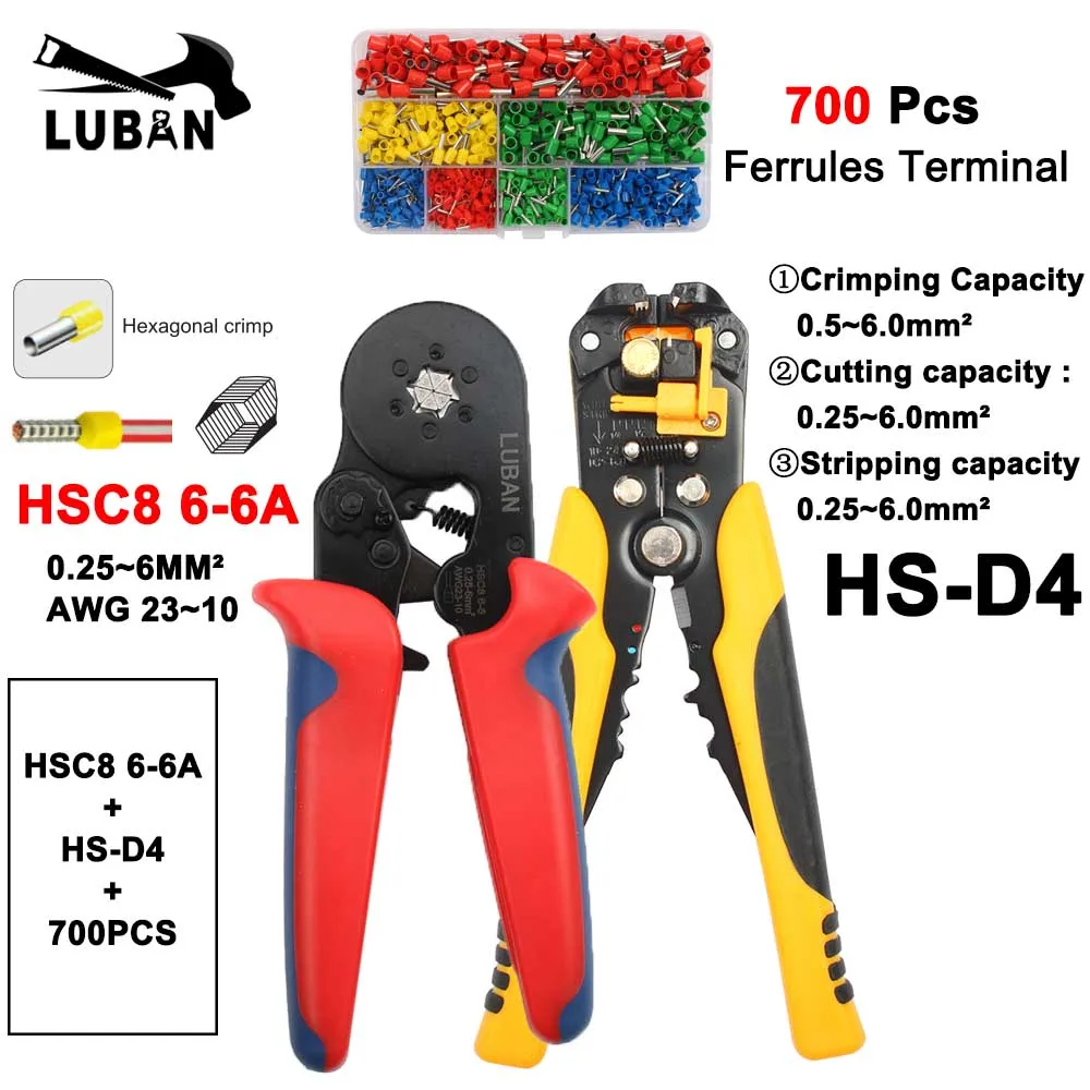 Pince à Sertir HSC8 6-6B HSC8 6-Snapauto-ajustable, Bornes de 0.25 à 6 mm2, Outils de Sertissage Multi-marque Supérieure HSC8 6-6 23-10AWG