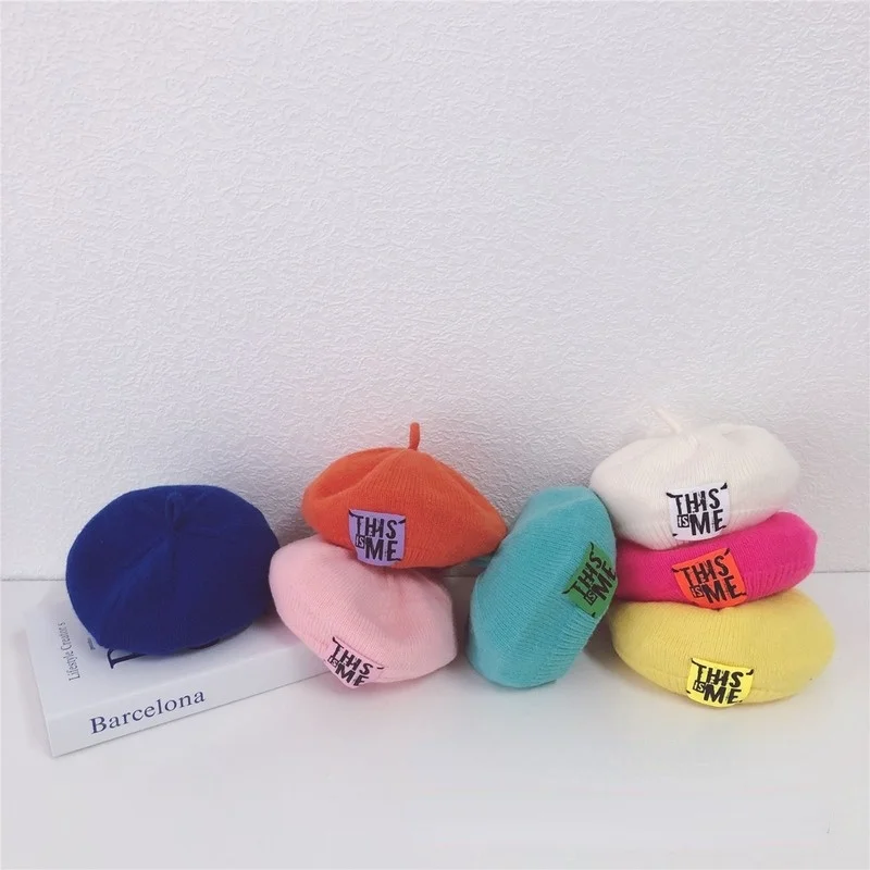 

Children Letter Cloth Label Beret Hat Autumn and Winter Cute Infant Baby Solid Color Knit Pumpkin Hat Toddler Baby Painter Hats