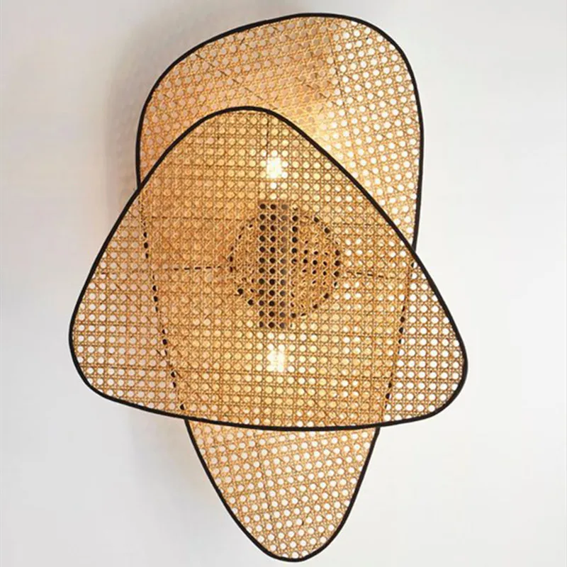 Modern Art Leaf Grid Rural Head Made Rattan Led Wall Lamp Retro Restaurant Bedroom Bedside Aisle Decor Wall Sconce Lighting