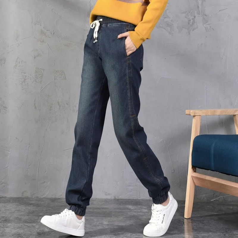 Plus Velvet Thicken Denim Harem Pants Women Autumn Winter Lace Up Warm Jeans Woman Casual Long Boyfriend Jeans For Women C6480