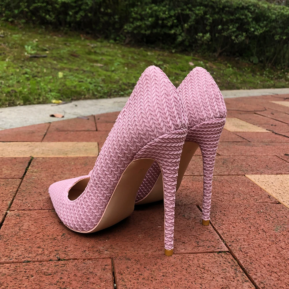 Tikicup Pink Women Woven Fabric Pointed Toe Stiletto Pumps Ladies Wedding Bridemaids Shoes 8cm 10cm 12cm High Heels Size 33-45