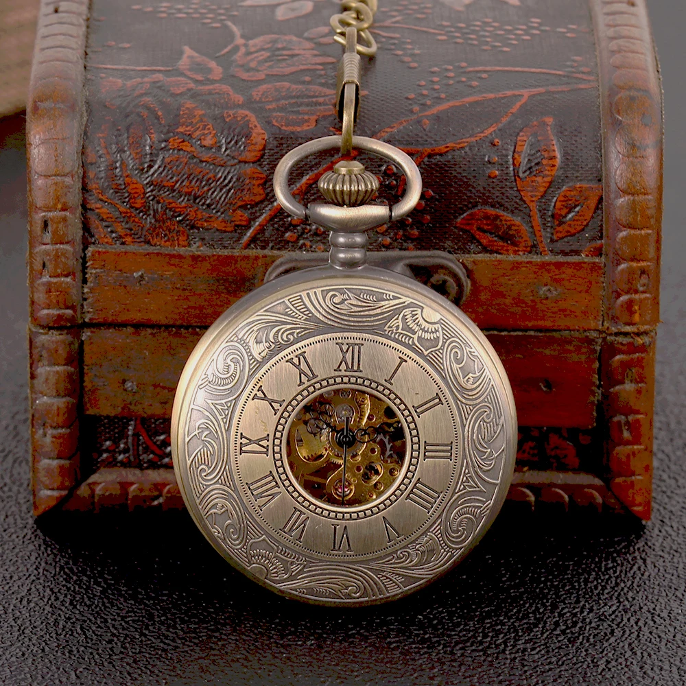 Carved copper color exquisite fashion hollow Roman scale mechanical pocket watch