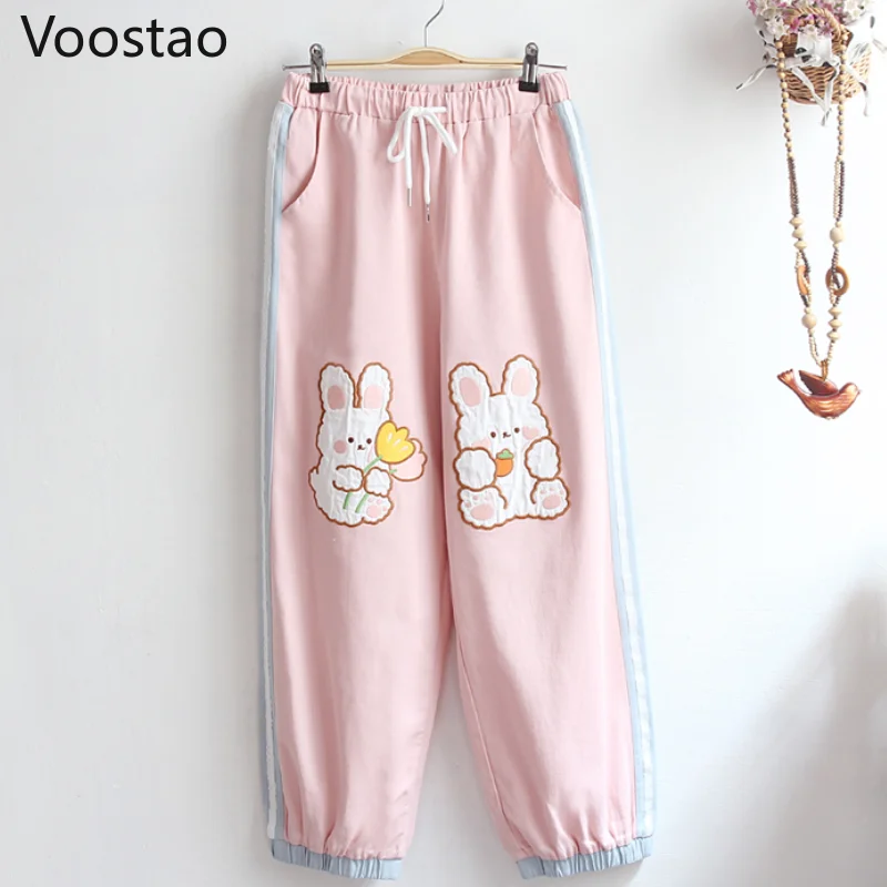 Japanese Sweet Pink High Waist Jogger Pants Women Chic Cartoon Bunny Embroidery Wide Leg Pants Girly Cute Loose Rabbit Trousers