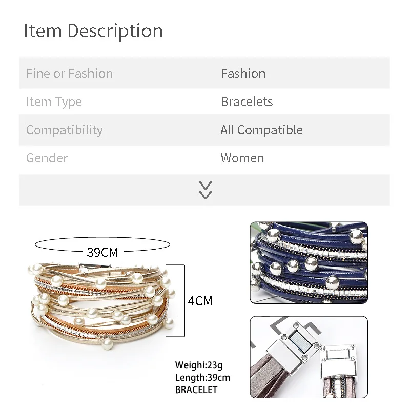 New Korea Multi-Layered Wide Wrapped Leather Cord Magnetic Rhinestone Bracelet Pearl Bangle Cuff for Women Girls Gift