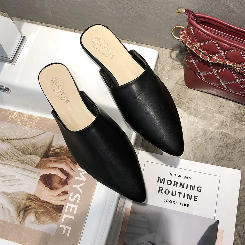 Pointed Toe Flat Slippers spring summer outdoorshoes woman mules slippers Baotou flat heel sets semi slippers Mueller shoes