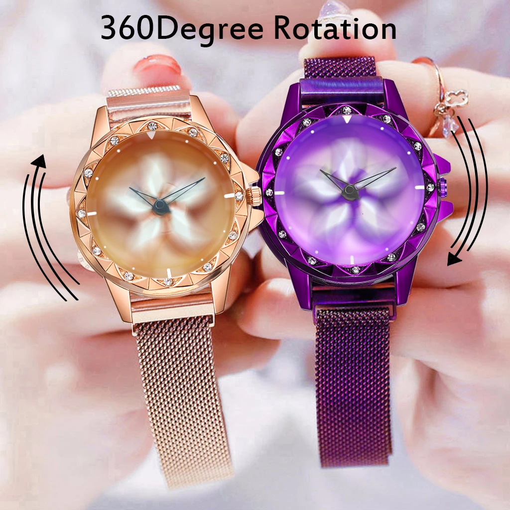 2020 Relogio Feminino Creative Rotating Flower Women\'s Watches Luxury Rose Gold Stainless Steel Quartz Watches Female Wristwatch