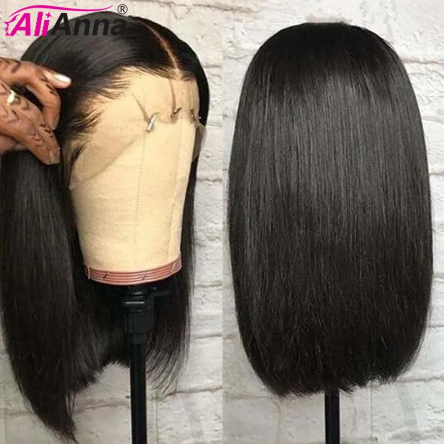 AliAnna-Peluca de cabello humano liso brasileño, postizo de encaje frontal transparente, corte Bob corto, Se puede teñir