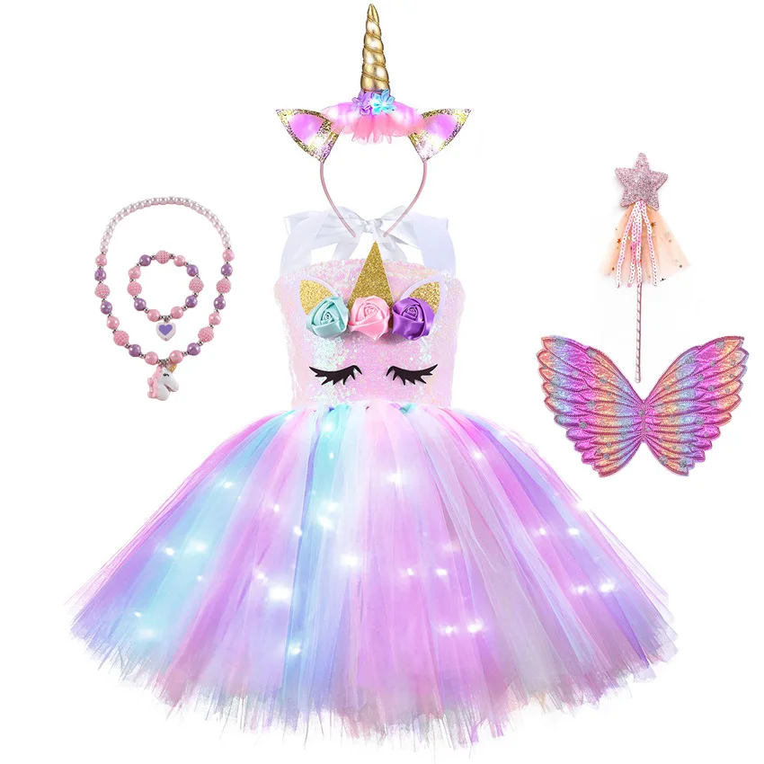 Children Unicorn Girls Dress With LED Light Shiny Flower Birthday Party Gift Halloween Cosplay Costume Kids Christmas Clothing