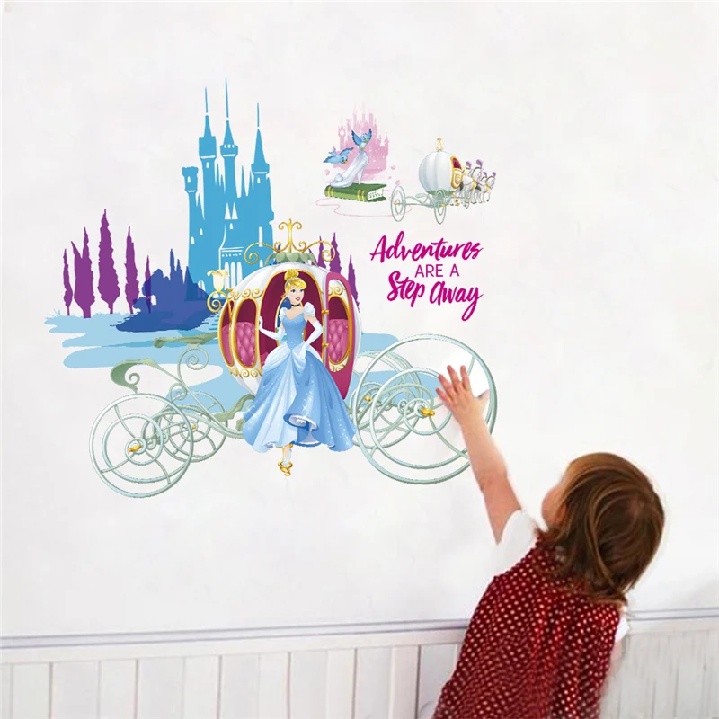 Cinderalle Princess Blue Castle Wall Stickers For Kids Room Home Decoration Diy Anime Movie Wall Mural Art Cartoon Girl's Decals