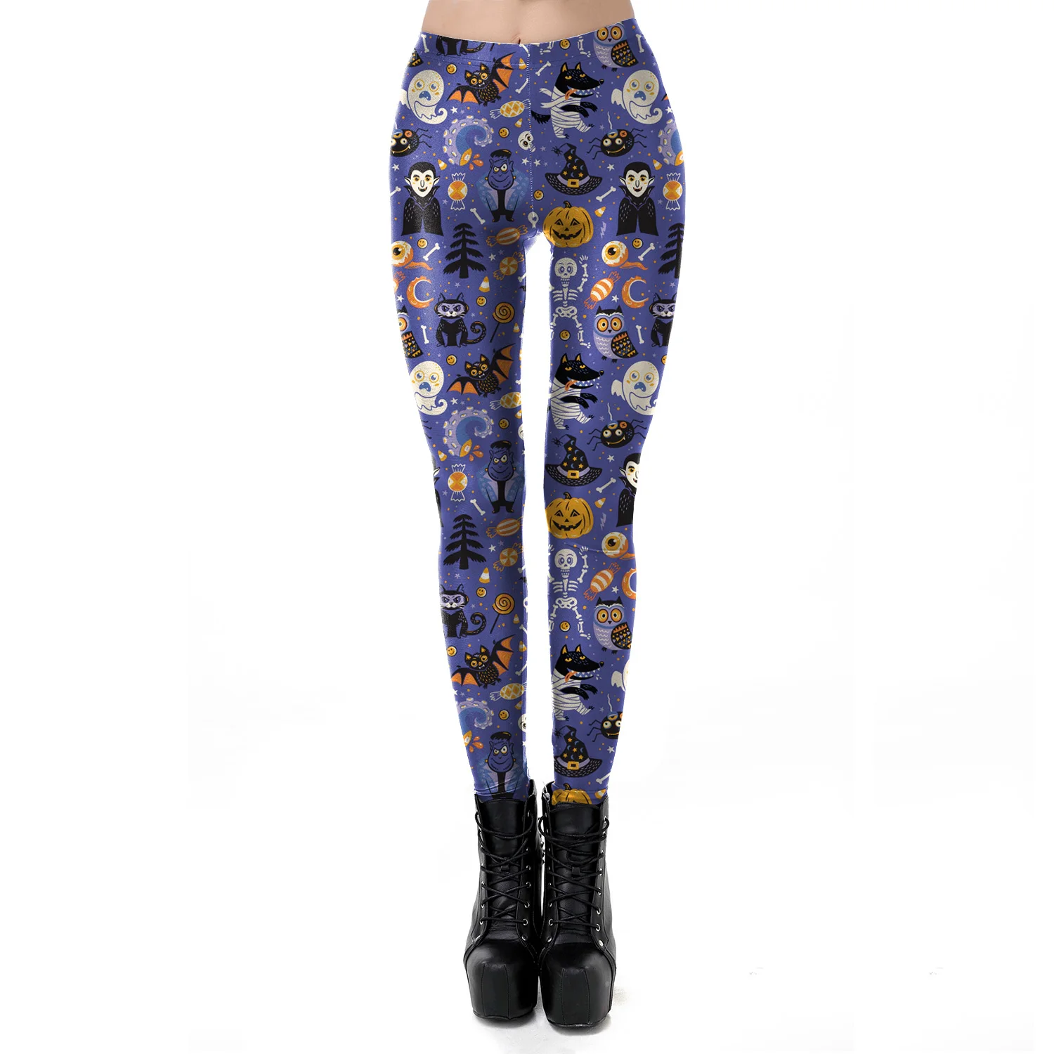 [You are my secret] calça de festival de halloween, calças sensuais de tornozelo azul roxo e pomkin com desenhos animados para mulheres leggins