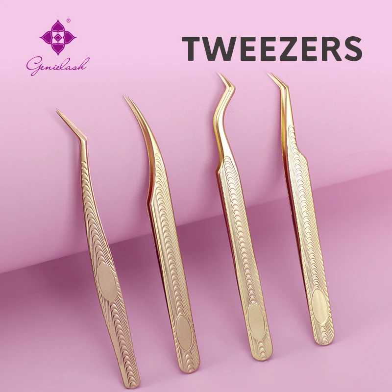 GENIELASH 1pc Golden Wood Texture Eyelash Extension Tweezers Super Precision Anti-static Curved Tweezers for Eyelash Extension