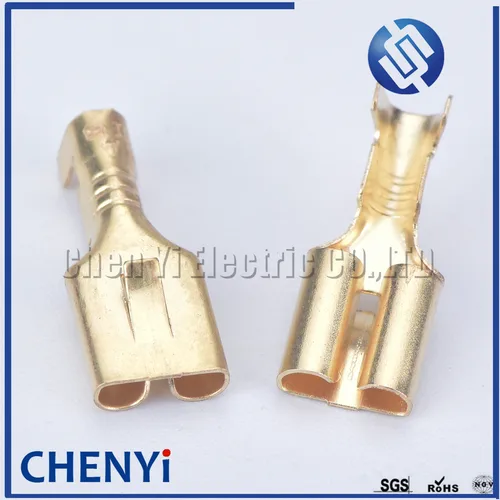 50/100 Uds 6,3mm conector de Terminal de engarzado hembra latón dorado conectores de cable eléctrico juego de pines H62 para altavoz de relé de coche