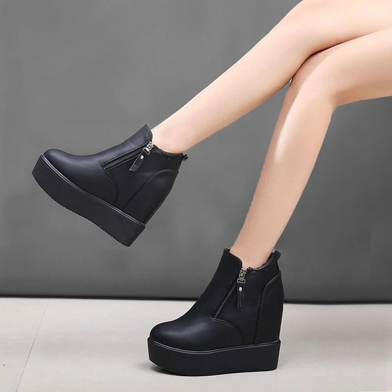 Autumn winter thick-soled inner heightening ankle boots women super high heel non-slip double side zipper boots C599