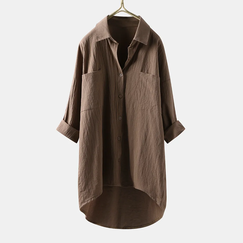 Spring Women Linen Blouse Top Long Sleeve Green Brown Solid Color Button Shirt Loose Plus Size Down Collar Top Blouses