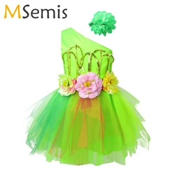 Kids Girls Dancewear Jazz Latin Salsa Ballroom Dance Costume Set Stage Performance Wear 3D Flower Mesh Tutu Dress With Hair Clip