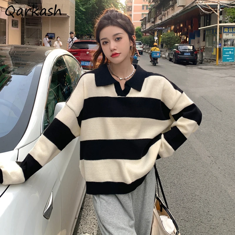 Pullover donna a righe colletto rovesciato tempo libero Streetwear autunno caldo All-match studenti semplici abbigliamento maglione Ulzzang nuovo