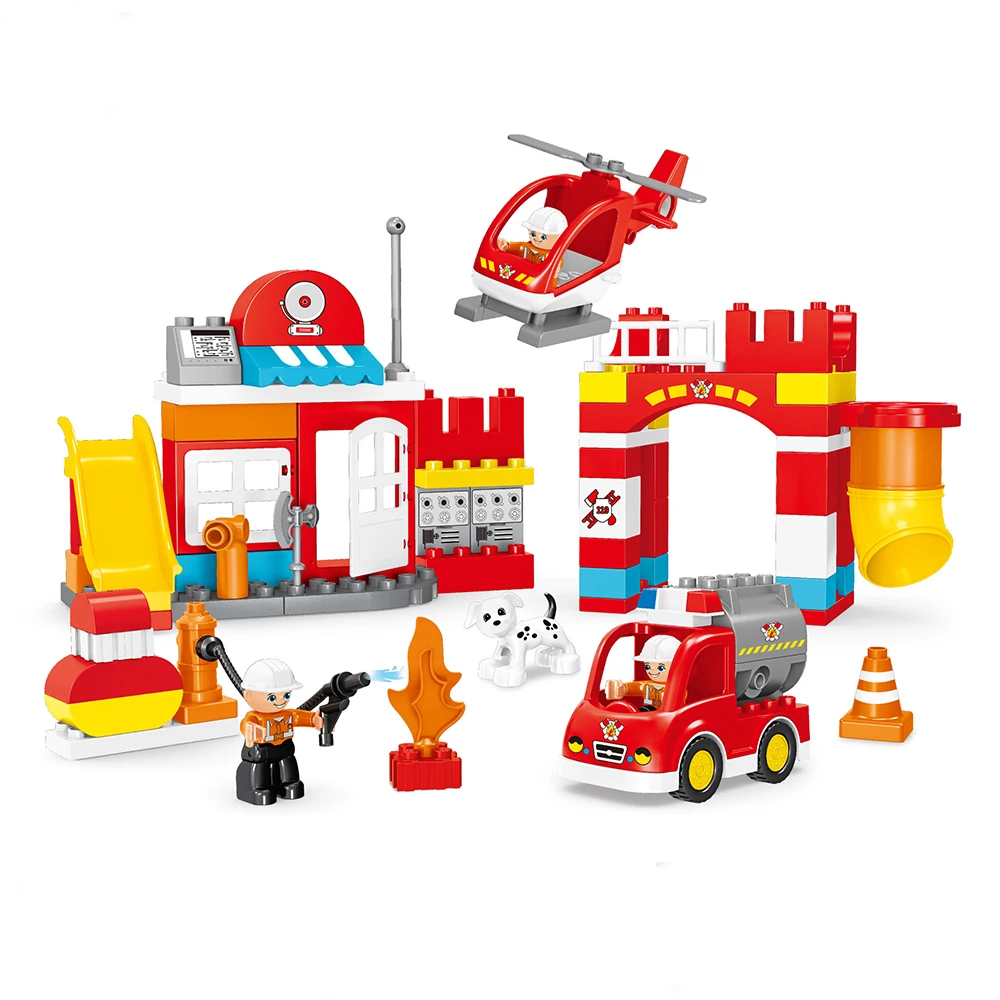 

90Pcs Large particles Duploed City Firefighting Series Building Blocks Fire Department Helicopter Brick Kids Toys For Children