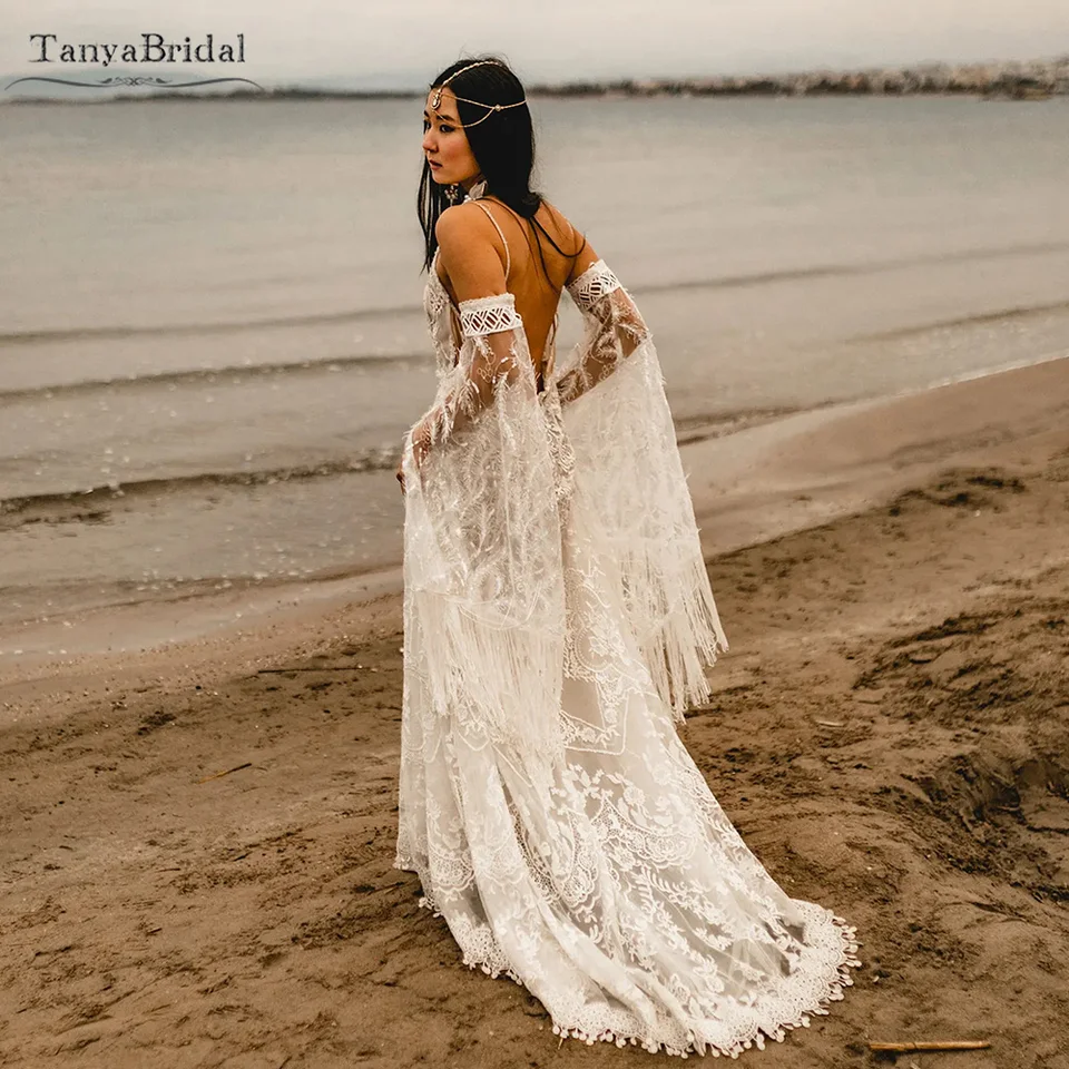 Flare Sleeve Boho GYPSY Wedding Dresses A Line Lace Romantic Bridal Gowns  Feather Lace Tassel Vestido De Noivas Chic DW588 - AliExpress 320