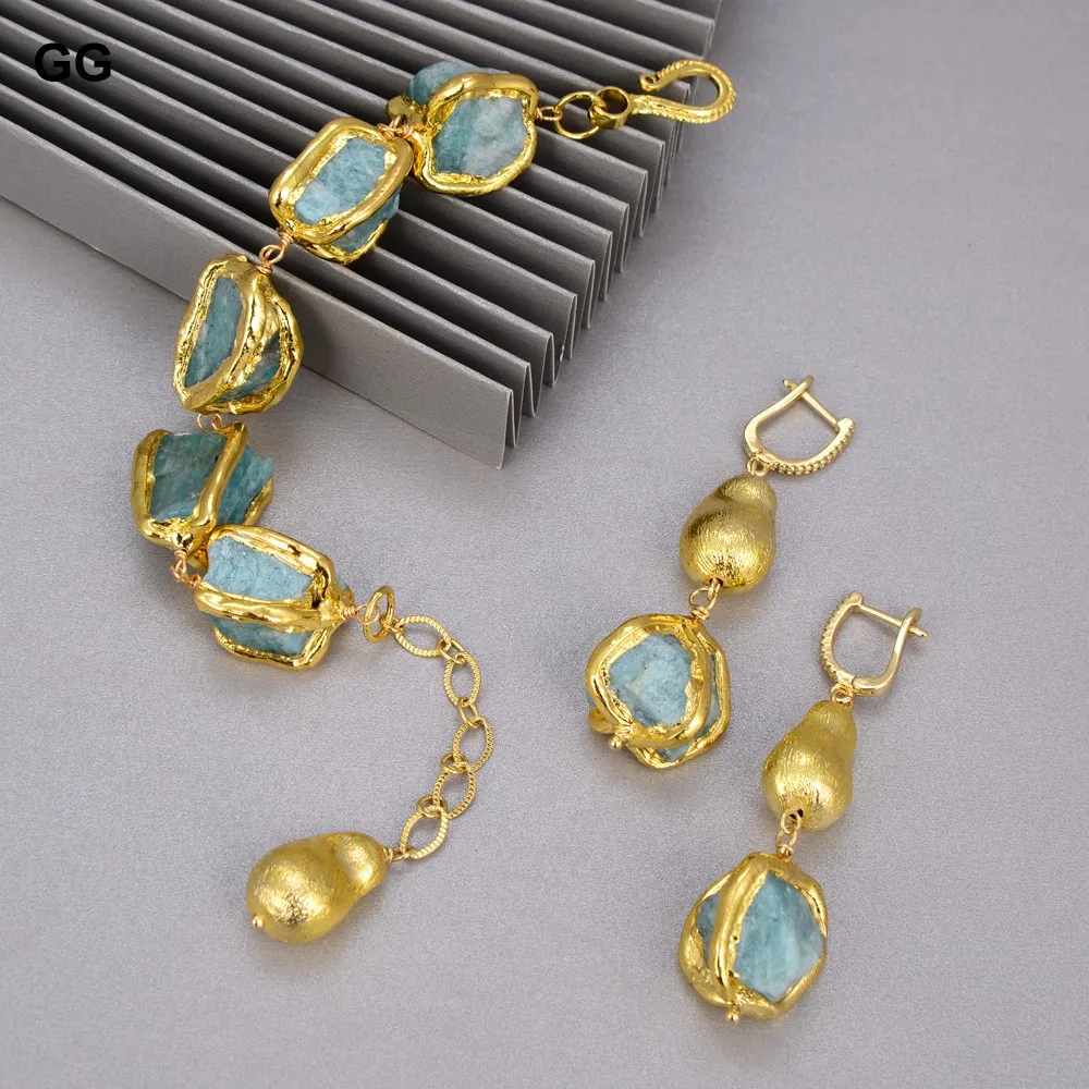 

GG Natural Blue Amazonite Rough Nugget With Electroplated Gold Edge Brushed Beads Bracelet Earrings Sets For Women