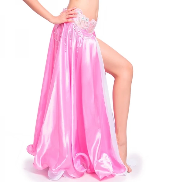 Nieuwe Vrouwen Buikdans Rok Side Slit Chiffon Satijnen Rok Stage Performance Buikdans Kostuum Dubbellaags Buikdansen Rok