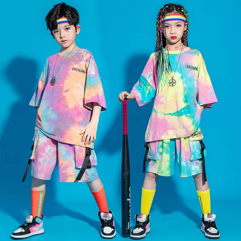 

Modern Hip Hop Dance Costume Kids Tie-Dyed Tops Pants Multicolor Hiphop Suit Jazz Performance Clothing For Girls Boys BL5938