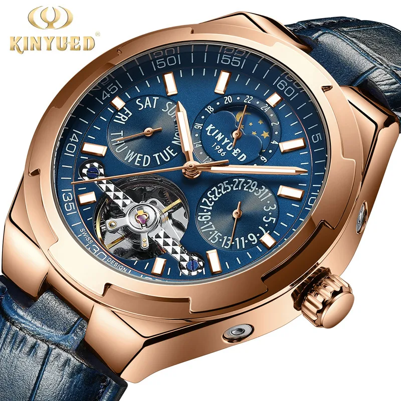 

KINYUED Men Watches Automatic Mechanical Watch Leather Tourbillon Sport Clock Casual Business Relojes Hombre Retro Wristwatch