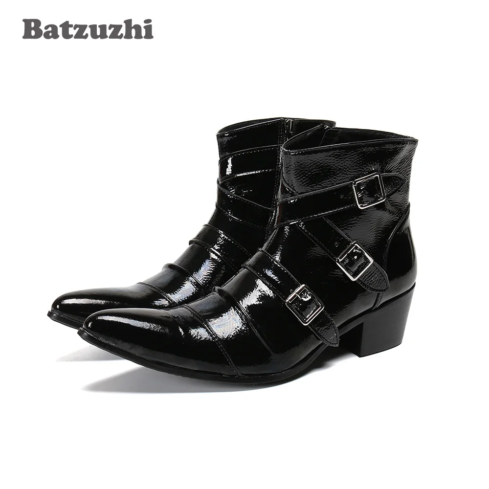 

Batzuzhi Western Cowboy Men's Boots Pointed Toe Black Soft Leather Ankle Boots Men Buckles Motorcycle Male Boots Botas Hombre