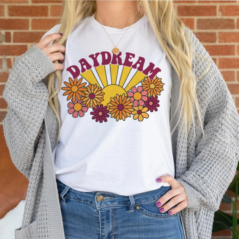 kuakuayu HJN Daydream Floral Print T Shirt 70s Retro Boho Style Women Cotton Vintage Aesthetic T-Shirt Cute Graphic Tees Hippie