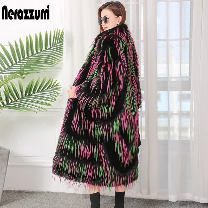 Nerazzurri Winter Long Fluffy Warm Faux Fur Coat Women with Long Raglan Sleeve Color Block Colorful Runway Korean Fashion 2022