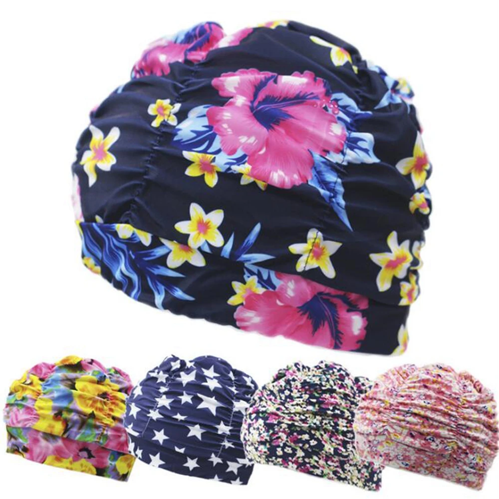 1PC Fashion Flowers Printed Swimming Cap Long Hair Sports Swim Pool Bathing Hat Elastic Nylon Turban Men Women Sports Accessory