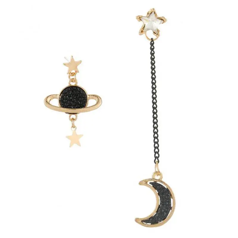 S925 Silver Needle High Quality Korean Creative Star Moon Asymmetric Black Planet Long Tassel Female Earrings, Wholesale