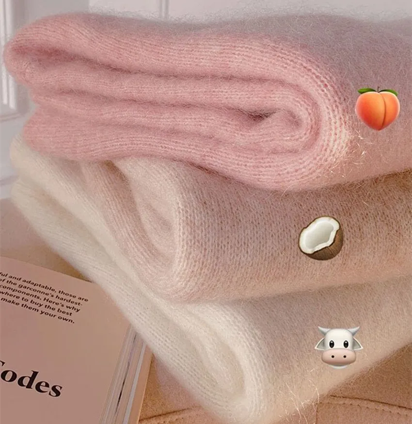 JSXDHK 2024 New Pink Soft Mohair Knitted Sweaters Lazy Style Autumn Winter Women Mink Cashmere Warm Thick O Neck Loose Pullovers