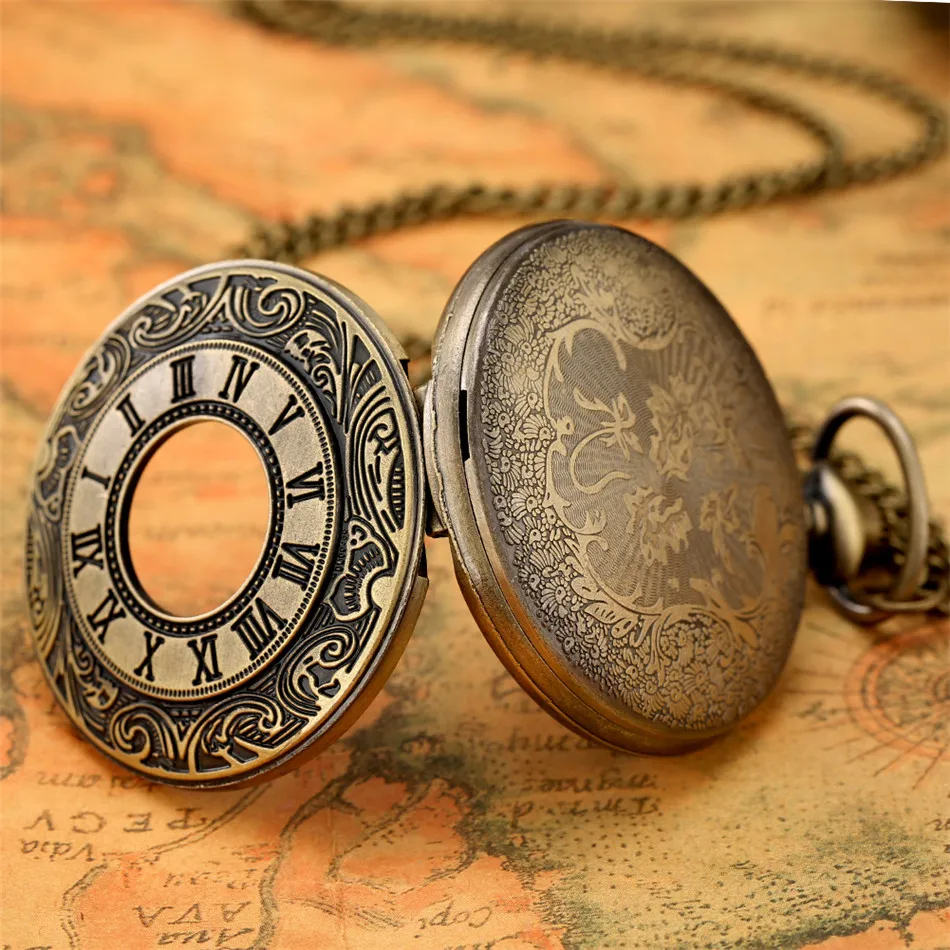 Holle Cirkel Romeinse Cijfers Gegraveerd Patroon Display Quartz Zakhorloge Vintage Klassieke Ketting Pocket Klok Geschenken Mannen Vrouwen