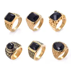 SDA Male Hiphop Gold Color Dubai Signet Rings Multiple Choices  Black Stones Miami Style For Man