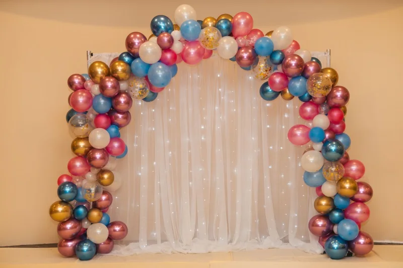 Laeacco Bühne Hintergründe Für Fotografie Hochzeit Ballons Arch Tür Vorhang Liebe Party Decor Fotografischen Hintergrund Foto Studio