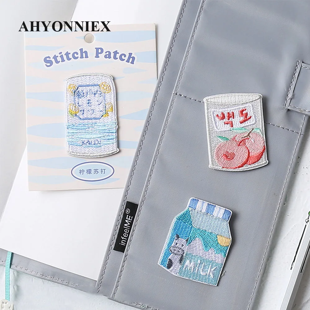 AHYONNIEX 1 Piece Embroidered Cute Milk Soda Jams Patches Clothes Bags DIY Applique Embroidery Parches Iron On Patch for Clothes